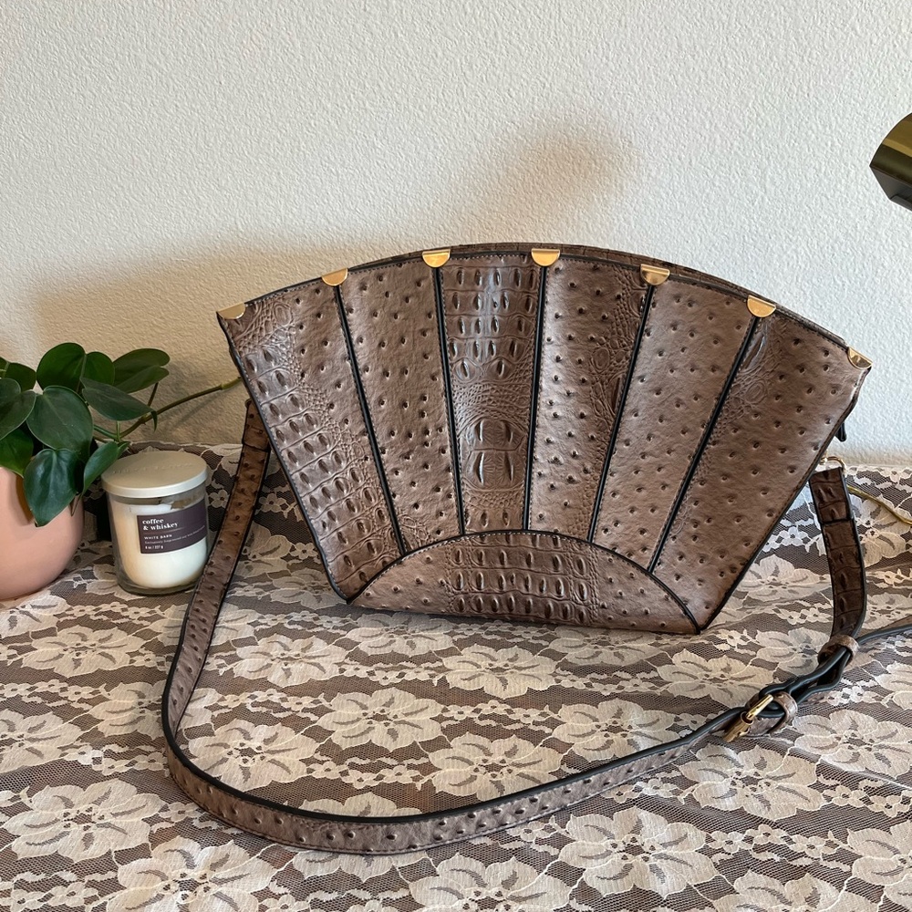 Brown Faux Ostrich Croc Fan-Shaped Crossbody Bag